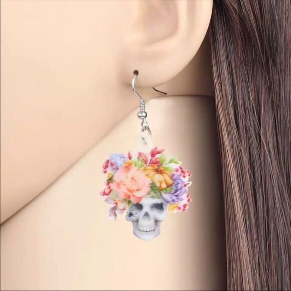 Skull with Floral Crown Lightweight Earrings Halloween Dia de los Muertos Sugar - Picture 3 of 5